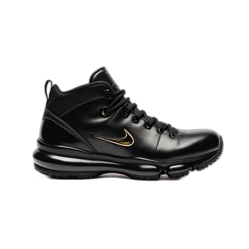 shoes, black, sneaker, gold, logo, side, displayed, against transparent PNG cut-out