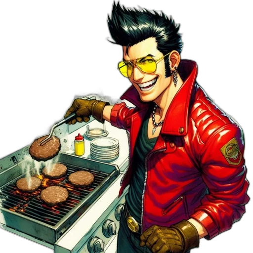 food, jacket, cartoon, comic book art, concept art, pixel art, red, man transparent PNG cut-out