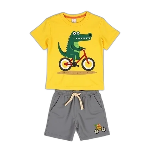 concept art, yellow, t-shirt, cartoon, crocodile, riding, bicycle, pair transparent PNG cut-out