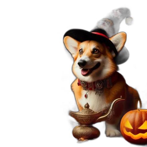 hat, staff, animal, food, 3d render, concept art, photorealistic, corgi transparent PNG cut-out