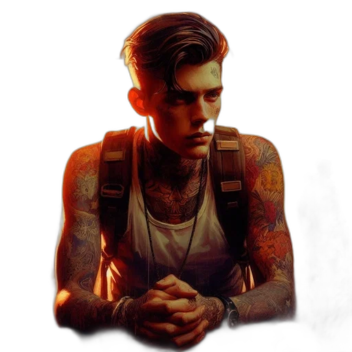 photorealistic, concept art, comic book art, pixel art, neon lights, earth tones, tattooed, man transparent PNG cut-out