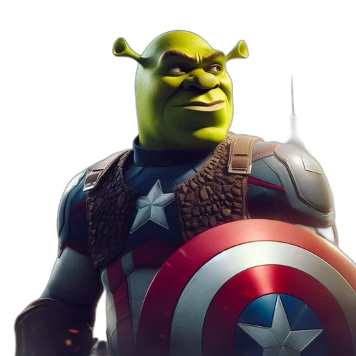 3d render, concept art, comic book art, photorealistic, shrek, captain, america-inspired, costume transparent PNG cut-out
