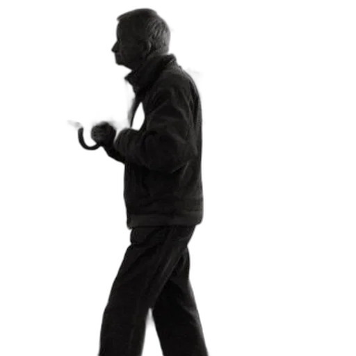 jacket, staff, man, black, walks, down, street, holding transparent PNG cut-out