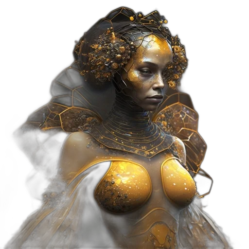 dress, crown, jewelry, robot, fantasy art, concept art, photorealistic, 3d render transparent PNG cut-out