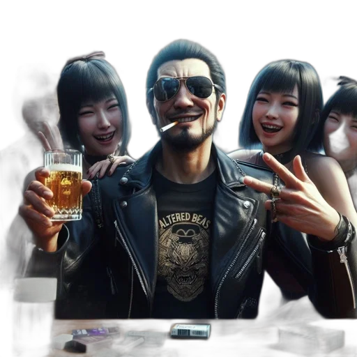 jacket, bottle, face, robot, cyberpunk, photorealistic, concept art, 3d render transparent PNG cut-out