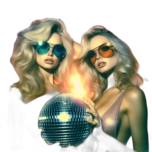 vaporwave, concept art, fantasy art, photorealistic, fire, neon lights, two, women transparent PNG cut-out