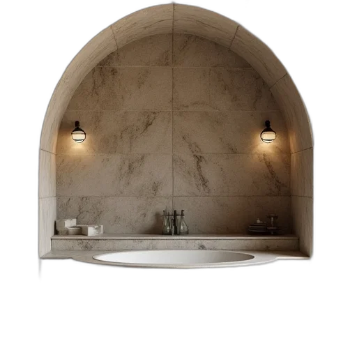 crown, umbrella, 3d render, photorealistic, earth tones, stone, bathroom, arched transparent PNG cut-out