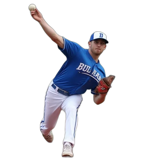 baseball, player, blue, white, uniform, pitching, ball, field transparent PNG cut-out