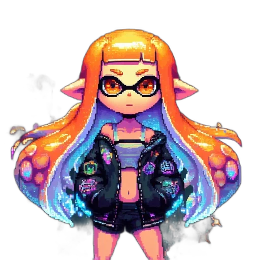 jacket, dress, hair, pixel art, vaporwave, cyberpunk, concept art, neon lights transparent PNG cut-out
