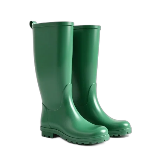 shoes, green, pair, rubber, boots, glossy, finish, displayed transparent PNG cut-out