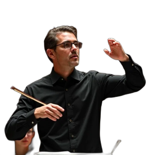 staff, man, glasses, conducting, orchestra, his, right, arm transparent PNG cut-out