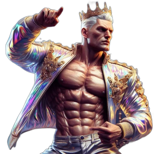 jacket, crown, cyberpunk, concept art, fantasy art, pixel art, muscular, man transparent PNG cut-out