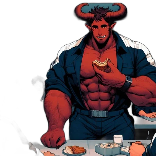 food, comic book art, concept art, red, futuristic, cafeteria, massive, horned transparent PNG cut-out
