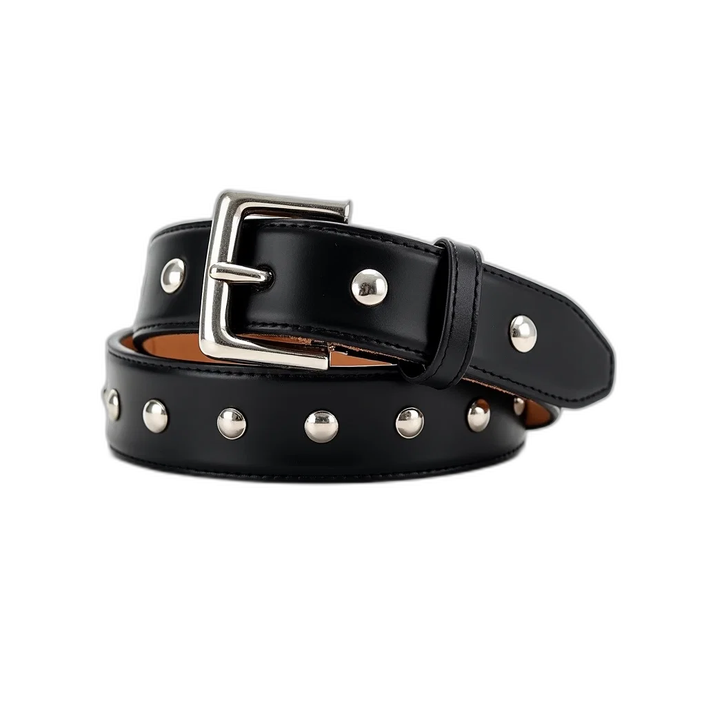 jewelry, 3d render, black, leather, belt, silver, studs, displayed transparent PNG cut-out
