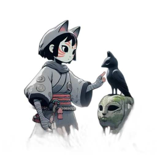 mask, staff, robot, creature, concept art, fantasy art, watercolor, pixel art transparent PNG cut-out