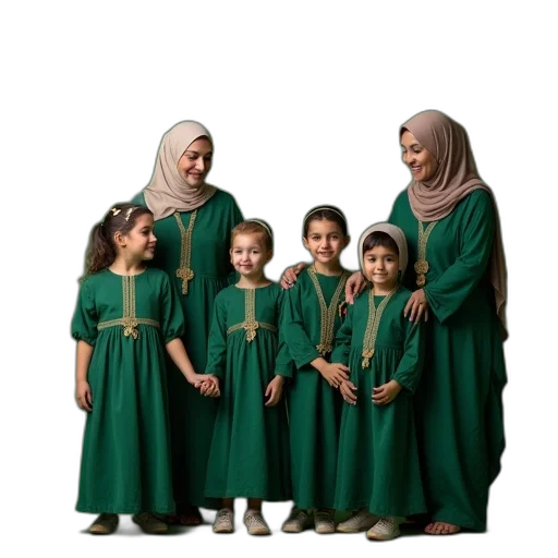 dress, jacket, green, earth tones, happy, islamic, family, their transparent PNG cut-out