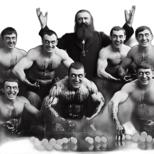 staff, crown, group, shirtless, men, pose, theatrically, including transparent PNG cut-out