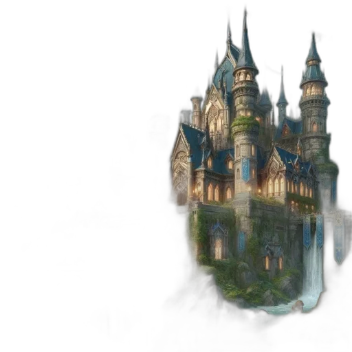 building, crown, concept art, fantasy art, pixel art, 3d render, fog, monochrome transparent PNG cut-out