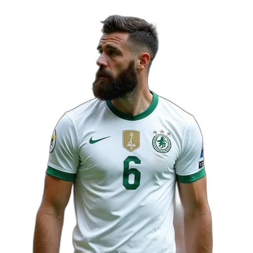 man, beard, wearing, white, jersey, number, word, green transparent PNG cut-out