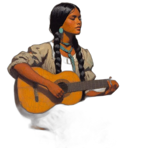 photorealistic, oil painting, concept art, watercolor, woman, seated, stool, plays transparent PNG cut-out