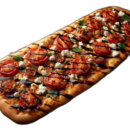 food, 3d render, photorealistic, rectangular, pizza, tomatoes, cheese, balsamic transparent PNG cut-out