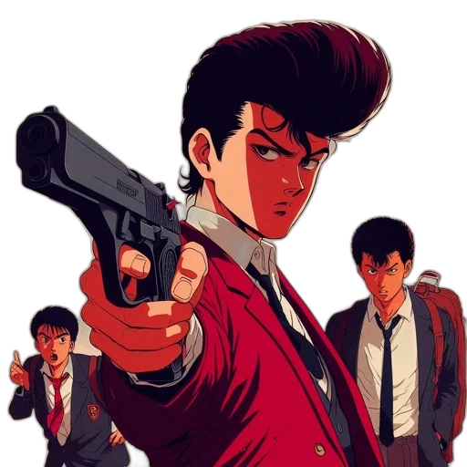 jacket, weapon, comic book art, concept art, anime, cartoon, fire, red transparent PNG cut-out