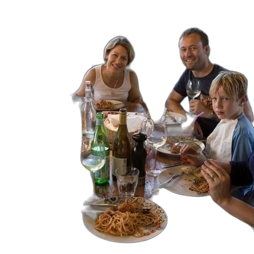 food, bottle, family, enjoys, meal, together, wooden, table transparent PNG cut-out