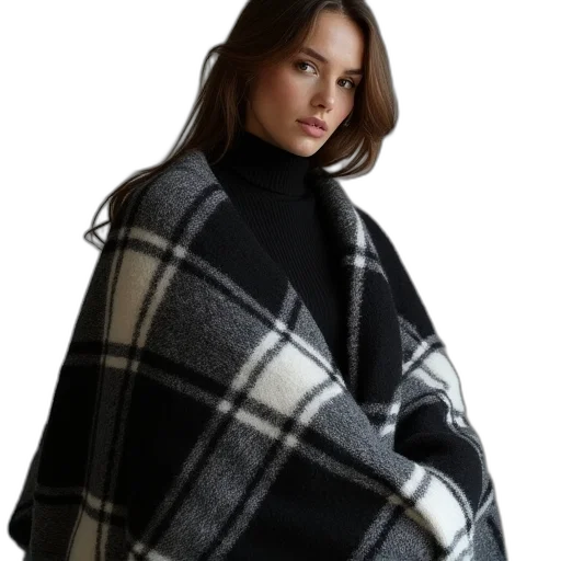 jacket, monochrome, woman, wearing, oversized, black, white, ponchi transparent PNG cut-out