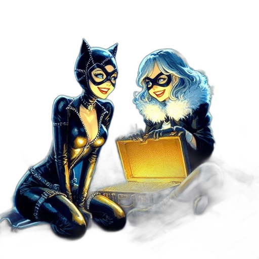 comic book art, concept art, fantasy art, night, two, female, characters, cat-themed transparent PNG cut-out