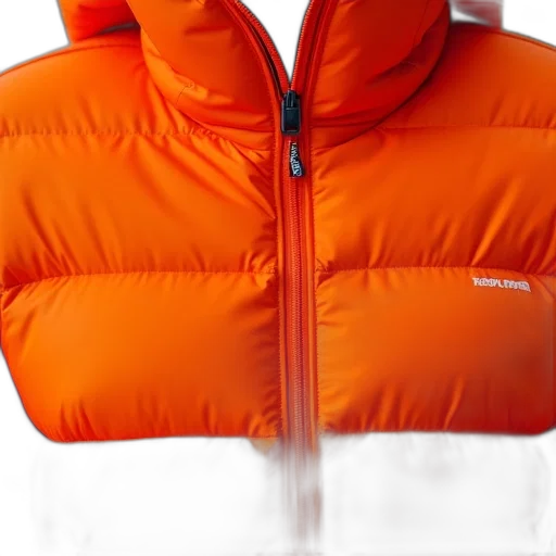 jacket, close-up, view, front, bright, orange, puffer, zipper transparent PNG cut-out