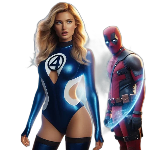 comic book art, concept art, woman, blue, bodysuit, emblem, deadpool, stand transparent PNG cut-out