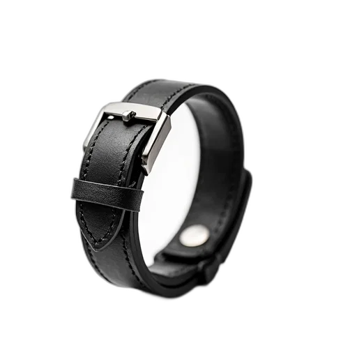 jewelry, 3d render, black, leather, wristband, metallic, buckle, displayed transparent PNG cut-out