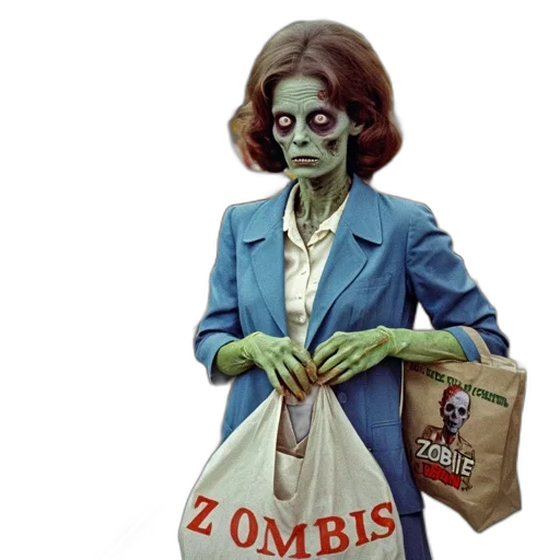 concept art, comic book art, photorealistic, woman, dressed, zombie, shops, supermarket transparent PNG cut-out