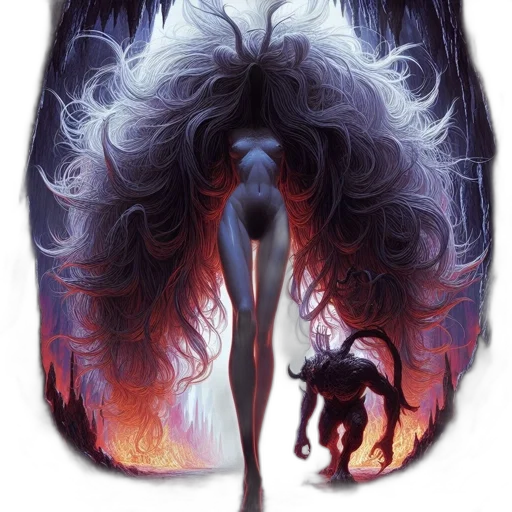 creature, jacket, dress, hair, fantasy art, concept art, fire, ethereal transparent PNG cut-out