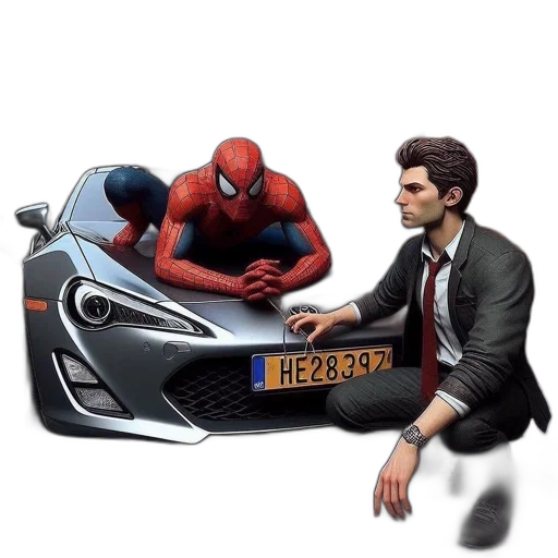 car, weapon, concept art, comic book art, 3d render, photorealistic, spider-man, crouches transparent PNG cut-out