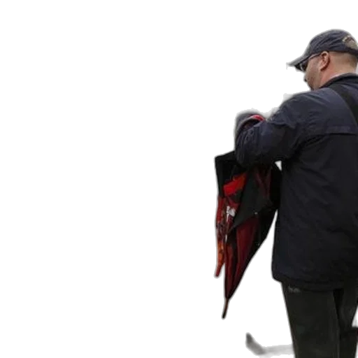 jacket, staff, umbrella, hat, person, black, holds, while transparent PNG cut-out