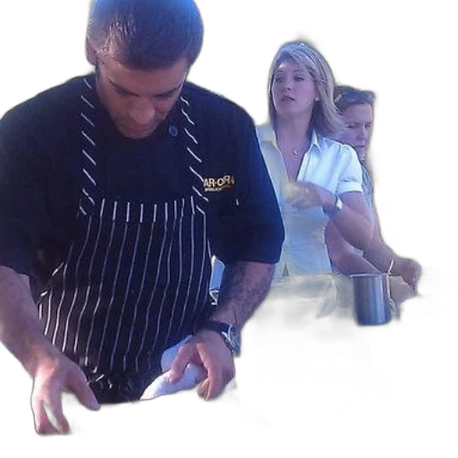 staff, man, striped, apron, cooking, food, grill transparent PNG cut-out