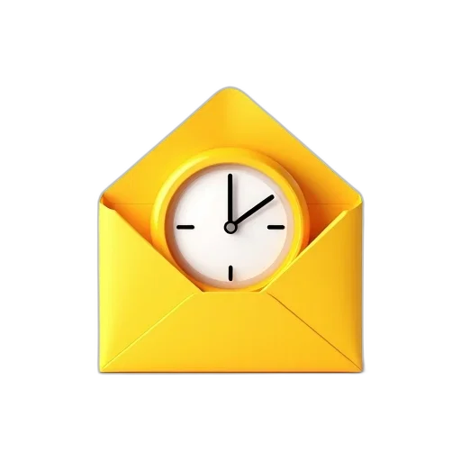 3d render, digital, illustration, yellow, envelope, clock, face, partially transparent PNG cut-out