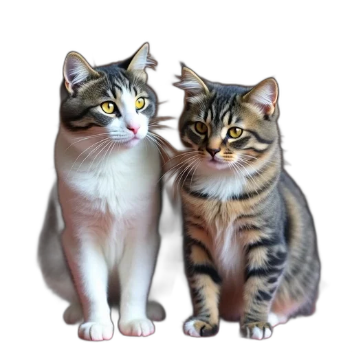 animal, photorealistic, 3d render, pixel art, concept art, two, cats, sitting transparent PNG cut-out