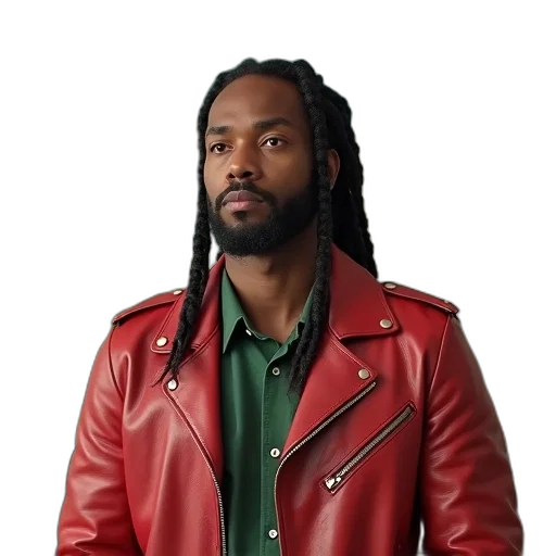 jacket, staff, hair, man, braided, wearing, red, leather transparent PNG cut-out