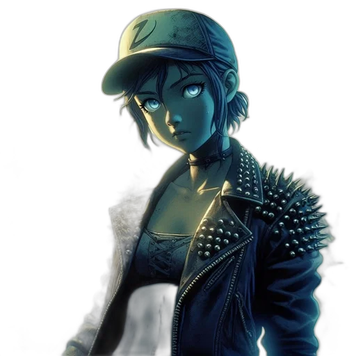 jacket, hat, robot, staff, concept art, watercolor, comic book art, cyberpunk transparent PNG cut-out