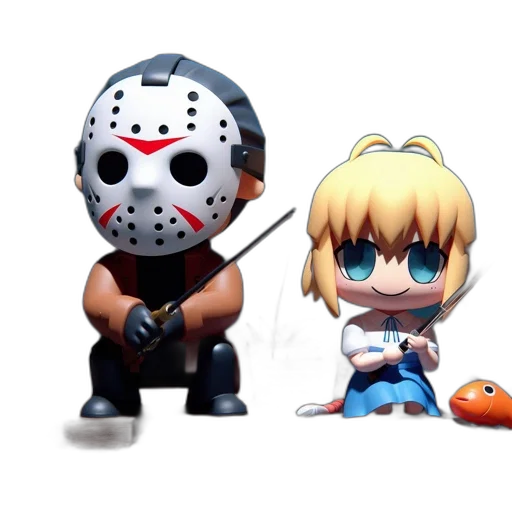 mask, concept art, pixel art, 3d render, cartoon, two, characters, jason transparent PNG cut-out