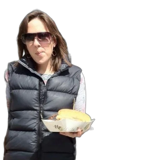 jacket, food, face, woman, black, vest, holds, plate transparent PNG cut-out