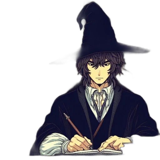 hat, staff, fantasy art, pixel art, concept art, watercolor, dark, monochrome transparent PNG cut-out