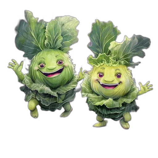 food, crown, 3d render, concept art, two, animated, vegetable-like, characters transparent PNG cut-out