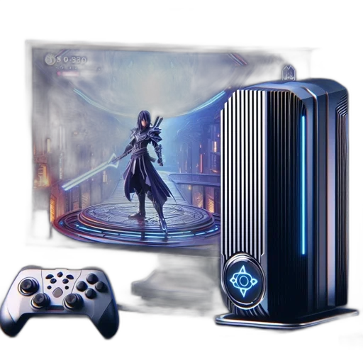 concept art, 3d render, futuristic, gamer, plays, sleek, setup, vertical transparent PNG cut-out