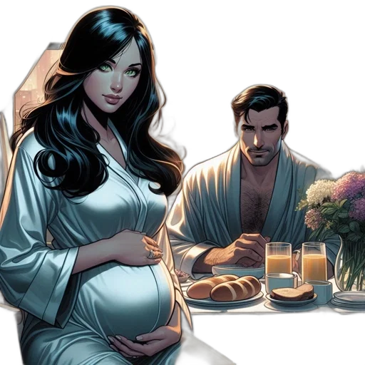 comic book art, concept art, inside, furnished, room, pregnant, woman, enjoys transparent PNG cut-out
