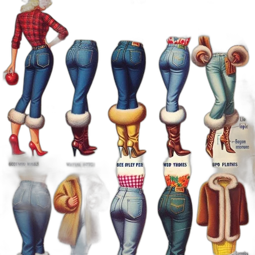 furniture, concept art, vintage, advertisement, apple, bottom, jeans, boots transparent PNG cut-out