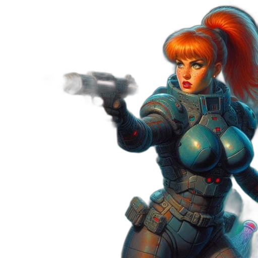 weapon, concept art, cyberpunk, comic book art, fantasy art, armed, fiery-haired, woman transparent PNG cut-out
