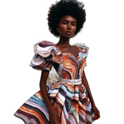 dress, earth tones, dark, woman, vibrant, multi-colored, stands, against transparent PNG cut-out